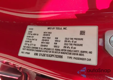 2023 Tesla Model 3 Rear-Wheel Drive из США, поврежденный, VIN 5YJ3E1EA3PF703996